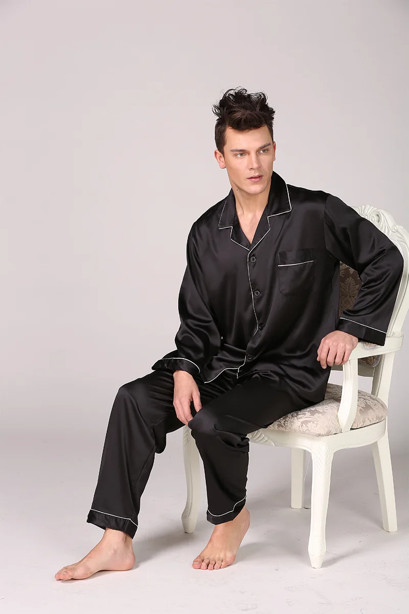 best silk pajamas Spring Summer Men'S Black Silk Pajamas Long Sleeve Solid Color Suit Oversize Homewear Casual Sleep Set 2PCS Satin Silk Sleepwear custom pajama pants