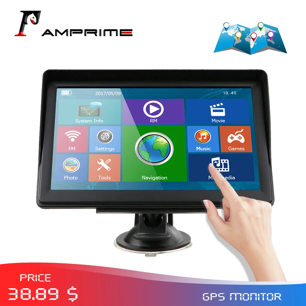  AMPrime Touch Screen Car Monitor GPS Navigation Navigator With Free Maps Built-in 8GB ROM FM Radio 