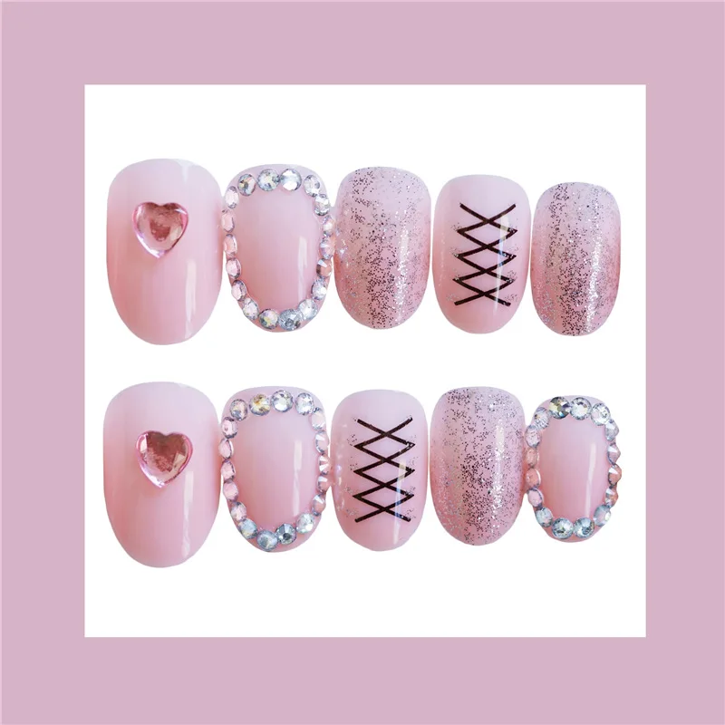 24 шт поддельные ногти розовый сердце ленты Ins искусственный Французский несколько цветов заостренные Свадебные накладные ногти самоклеющиеся наклейки