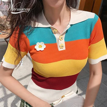 

Summer Fashion Streetwear Women Colorful T Shirt Rainbow Striped Floral Croket Button Casual T-shirt Harajuku Tops Tees B-190