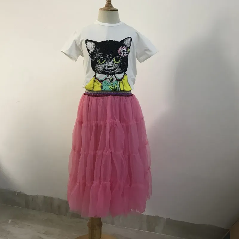 Новинка года, летняя синяя и розовая юбка-пачка+ футболка с рисунком кота, комплект одежды для маленьких девочек, яркая Полосатая юбка принцессы на талии