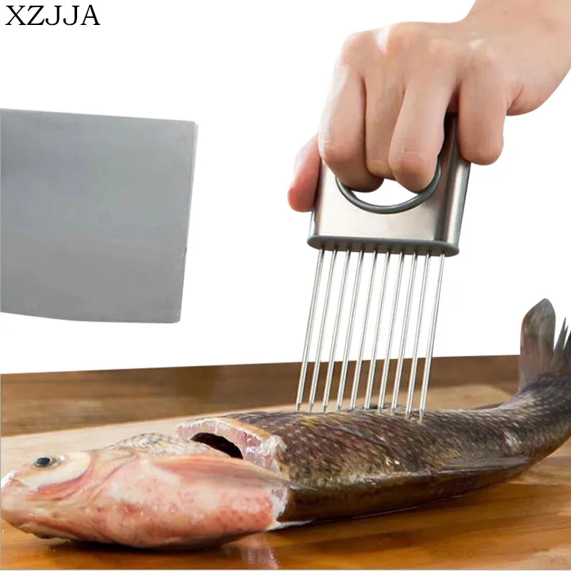 XZJJA Stainless Steel Kitchen Onion Cutter Holder Vegetable Tomato Slicer Cuisine Gadget Tender Meat Needle Steak Insert Forks
