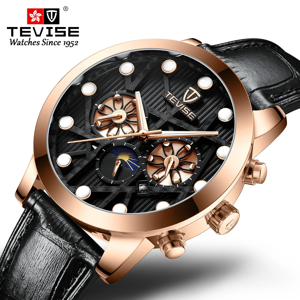 

Tevise Men Moon Phase Automatic Mechanical Watch Fashion Leather Strap Sport Mens Watches Brand Wristwatches Relogio Masculino