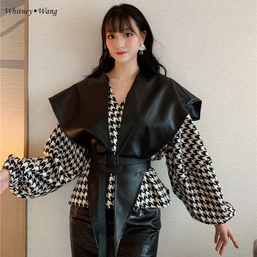 WHITNEY WANG осенне-зимняя модная уличная куртка из искусственной кожи с лоскутным поясом, клетчатая твидовая куртка, женское стильное пальто, верхняя одежда