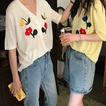 

NiceMix Summer New Style Sweater Vintage Sense T-shirt Women's Hong Kong Flavor Korean-style Loose-Fit V-neck Shirt Thin Viscose