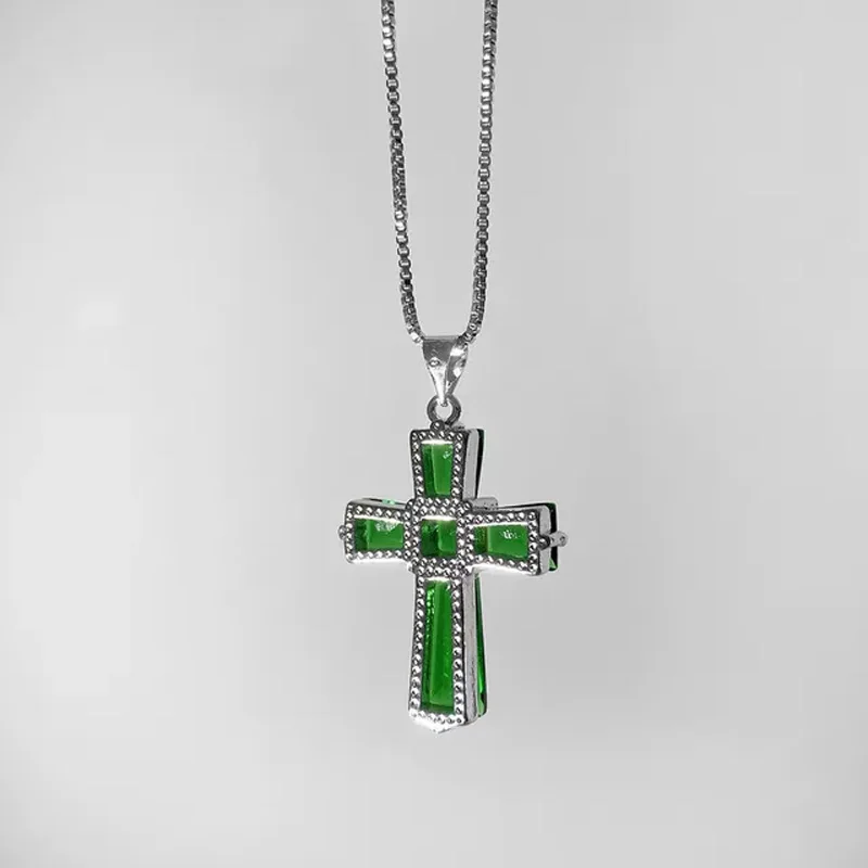 Luxury Silver Color Irregular Zircon Cross Emerald Pendant Necklaces For Women /Girls Fashion Charm Party Choker Jewelry Gift 3