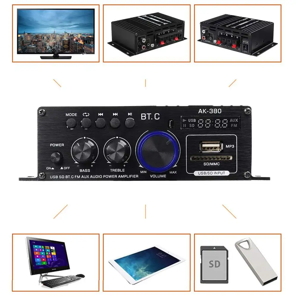 AK380/AK370 800W Power Amplifier Audio Karaoke Home Theater Amplifier 2 Channel Bluetooth Class D FM Amplifiers USB/SD AUX Input ► Photo 3/6