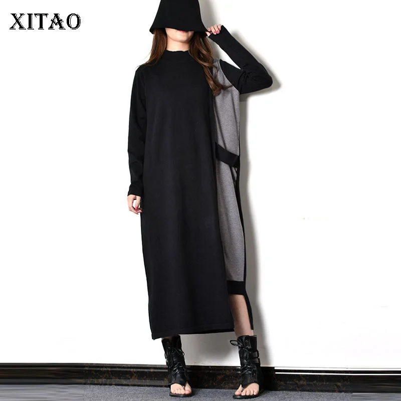 

XITAO Patchwork Irregular Split Casual Dress Women 2019 Winter Fashion Personality New Style Stand Collar Straight Dress WLD2546