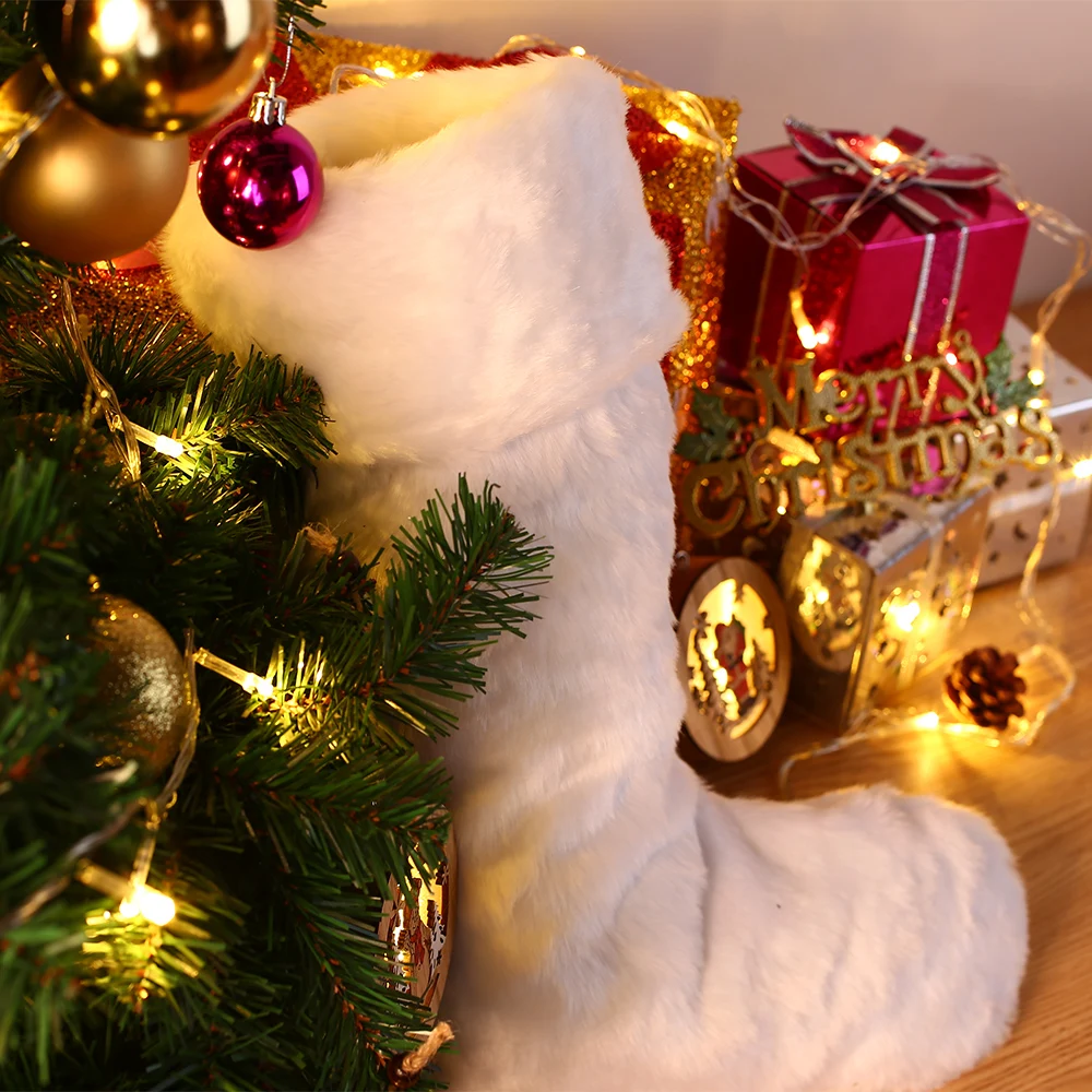 Xmas Stock Christmas Candy Bag Christmas Stocking Delicate Large Snow White Plush Fireplace Ornaments New Year Home Decor