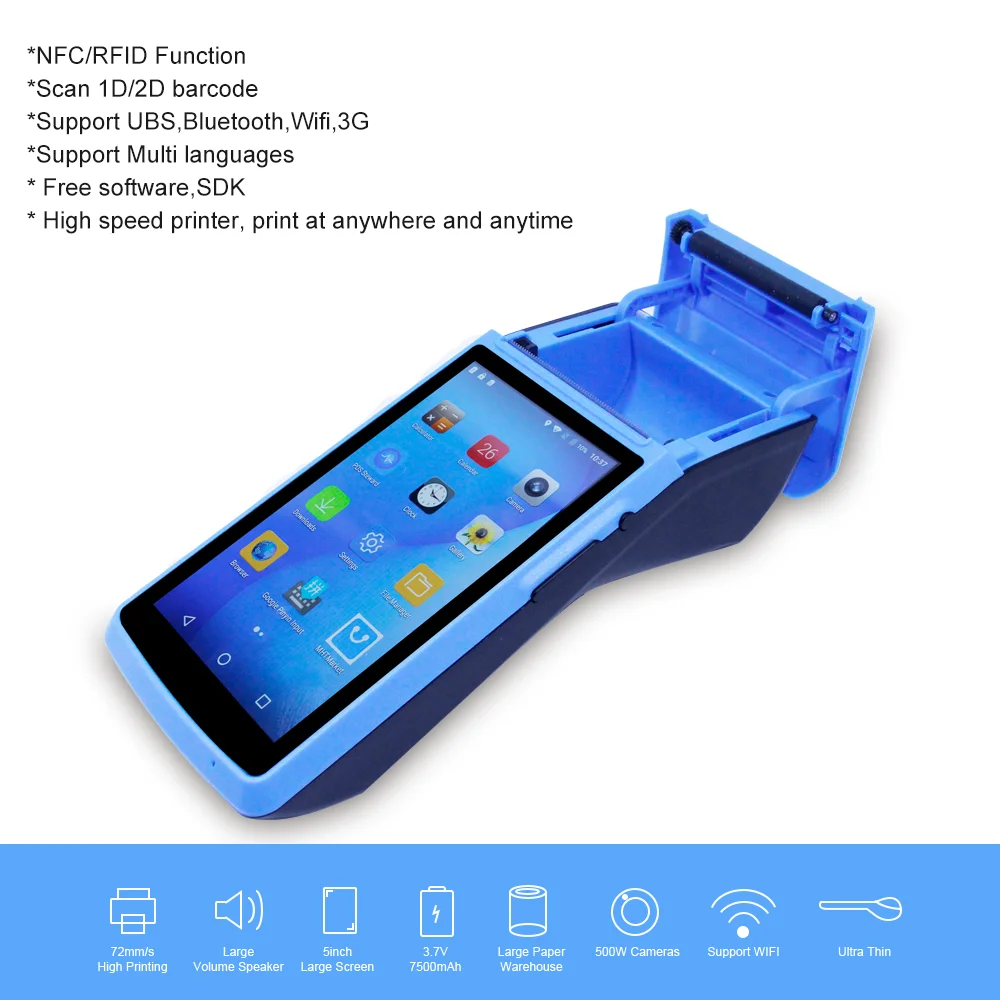 Этап портативный блок питания компьютера Android PDA с 5 дюймов сенсорный экран 3g сети Wi-Fi, Bluetooth, встроенный 58 мм Термопринтер все-в-1