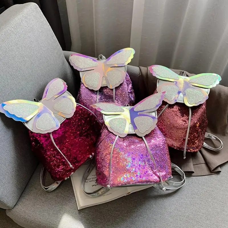 

Women Cartoon Butterfly Colorful Sequins Backpacks PU Leather Leisure Tote Travel School Shoulder Drawstring Bags