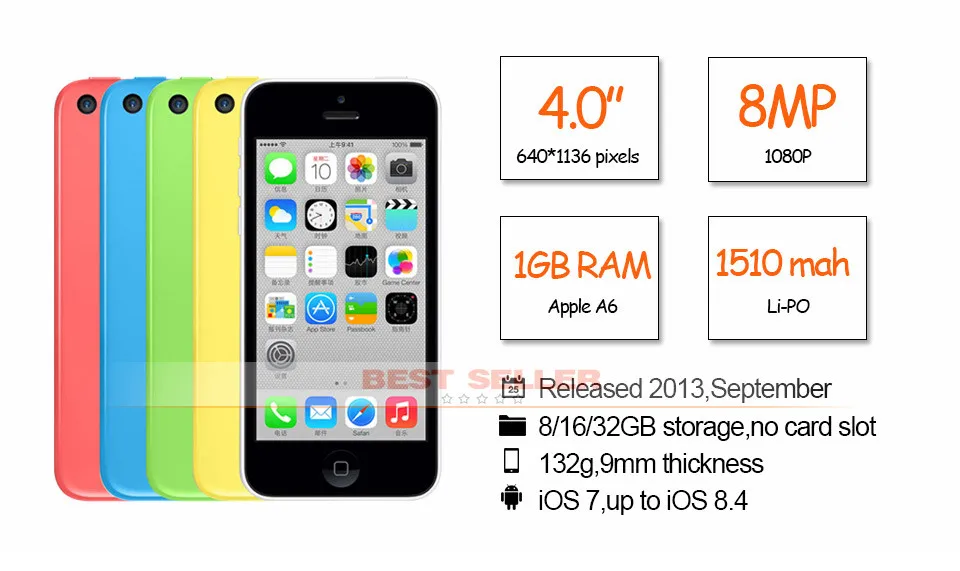 Разблокированный Apple iPhone 5C двухъядерный 4," 8MP мобильный телефон 8 ГБ/16 ГБ/32 ГБ rom Apple IOS WiFi gps WCDMA 3g Подержанный смартфон