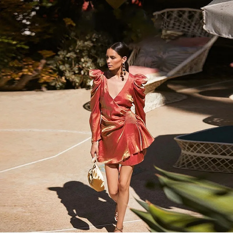

2019 New Arrivals Coral Fashion Draped Puff Sleeve Autumn Women Dress Sexy V Neck Long Sleeve Celebrity Party Mini Vestidos