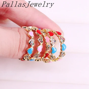 

10Pcs Gold Color Sweet Romance Ring Rainbow Cubic Zirconia with Enamel Heart Finger Rings Jewelry Wedding Women Rings