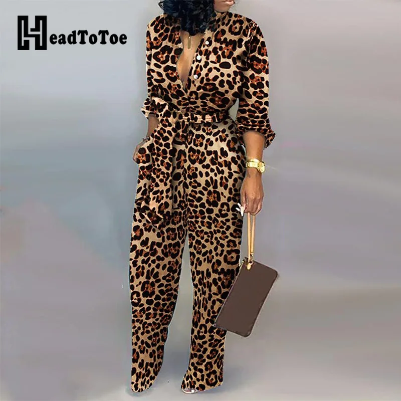 Mono de manga larga con cintura atada de leopardo para mujer, petos de una pieza a la moda, monos informales, ropa de calle, Dropshipping