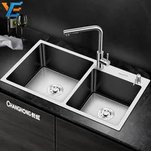 Многофункциональная кухонная раковина из нержавеющей стали проволока для рисования Двойная чаша сливочный кран для холодной и горячей воды Раковина 006