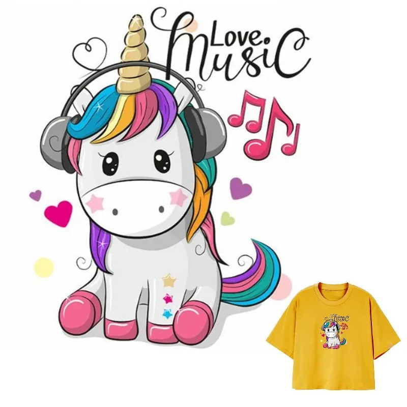 

Cute Music Unicorn Animal Iron On Patches DIY Accessory Heat Transfer Washable Stickers For Clothes Bag Print Hoodies Jeans
