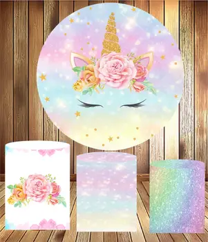 

Round Circle Background Birthday Mini Table Party Decor Unicorn Theme Baby Shower Elastic Fabric 3 Cylinder Plinths Cover