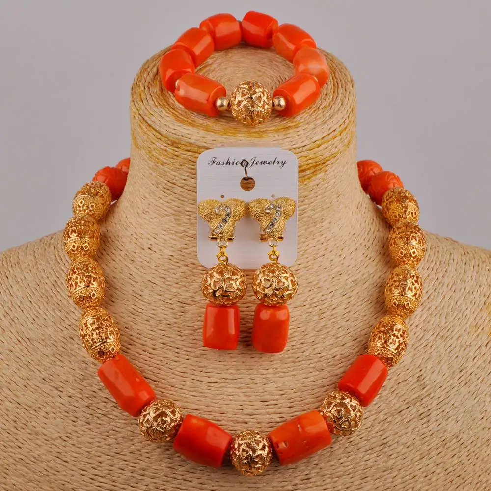 

New African Wedding Wedding Dress Accessories Orange Natural Coral Necklace Nigerian Bride Wedding Jewelry Set AU-574