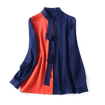 

92% Silk 8% Spandex Women's Silk Shirt O Neck Long Sleeves Sashes Color Block Fashion Casual Shirt