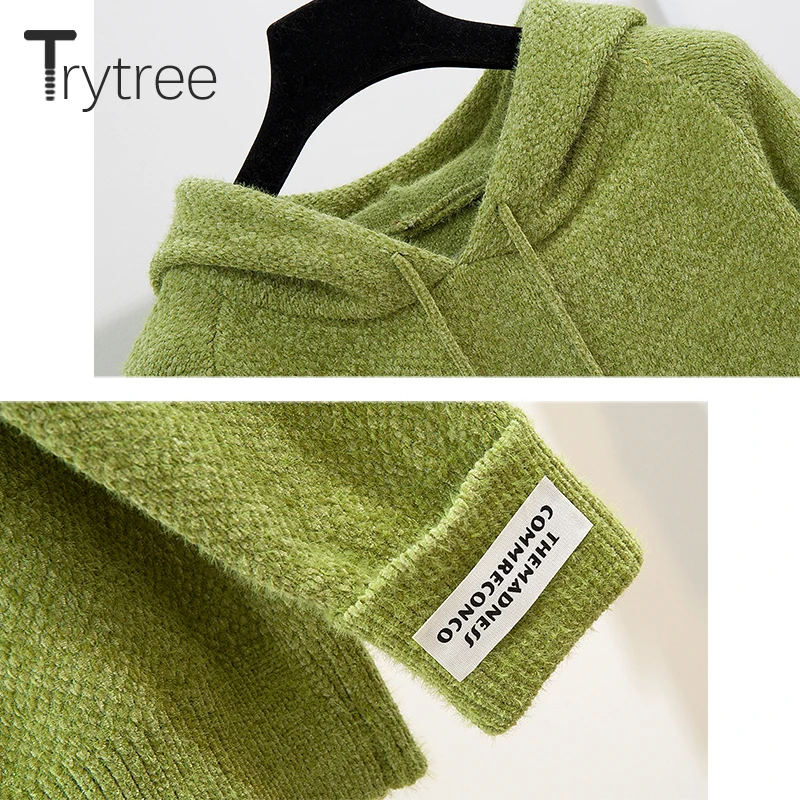 Trytree осенне-зимний комплект из двух предметов Повседневный трикотажный Однотонный свитер с капюшоном топ+ брюки с эластичной резинкой на талии комплект из 2 предметов