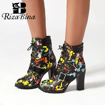 

RIZABINA Size 33-48 Fashion New Arrival Buckle Colorful Ankle Boots High Heels Motorcycle Boots Sexy Lady Round Toe Short Boots