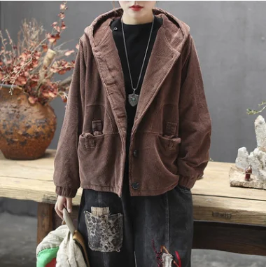 QPFJQD Ladies Autumn Winter Corduroy Jackets Vintage Loose Padded Coat Women Hooded Pocket Tops Casual All-Match Girls Clothes - Цвет: Coffee