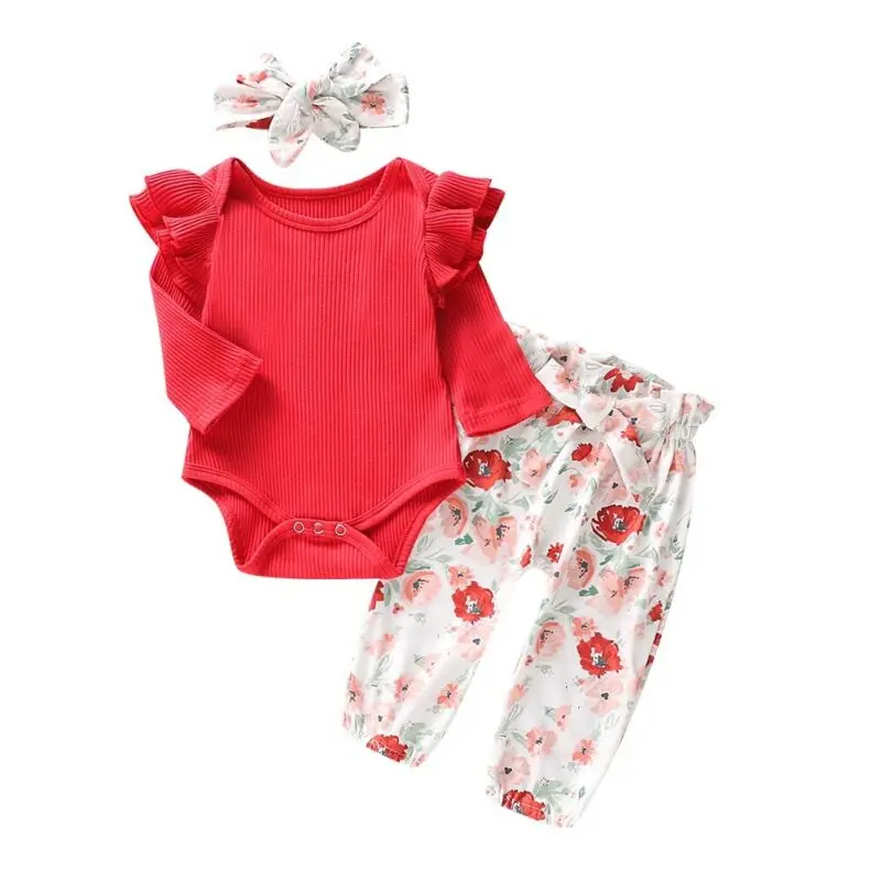 

Focusnorm New Fashion 3PCS Newborn Baby Girls Clothing Set Red Tops Romper Floral Pants Headband 3PCS Outfits Set Clothes