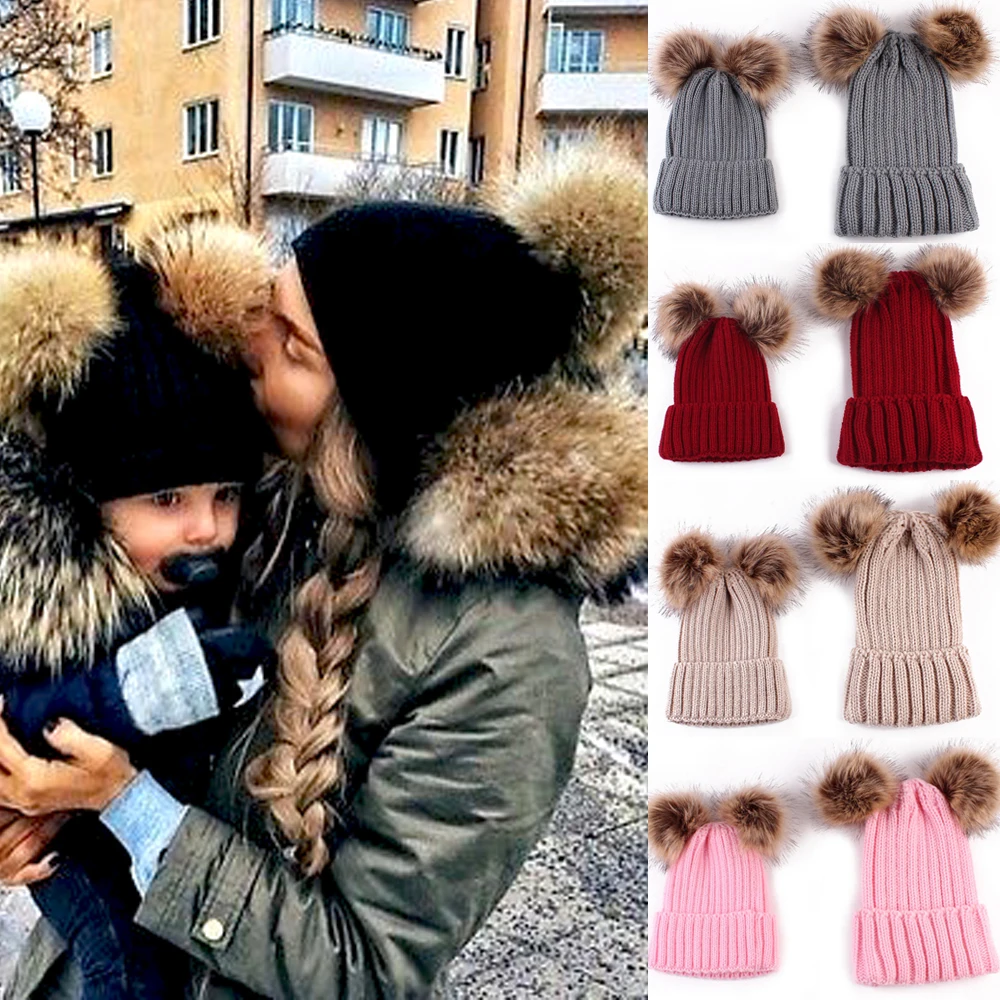 Зимняя теплая шапка для мамы и дочки и сына, вязаные шапки для всей семьи, вязаная шапочка с помпонами, 6 цветов