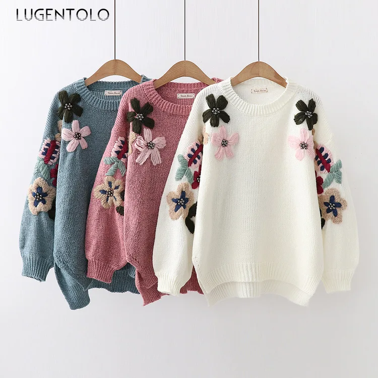 Lugentolo Women's Sweater Autumn and Winter Casual Sen Small Fresh Big Beaded Head Wild Fashion Knit | Женская одежда