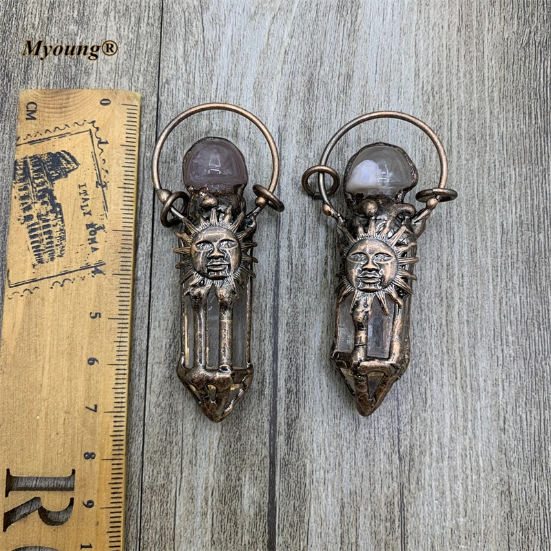 Handmade Hexagonal Column Crystal Quartz Sun Vintage Pendant,Cherry Agates Cap Stone Charm Bohemia Jewelry Accessories MY210654