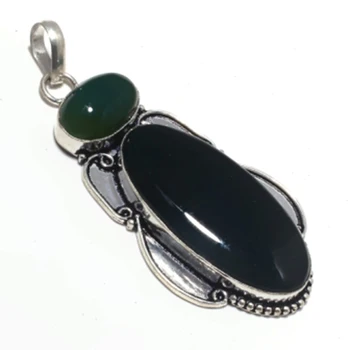 

Bloodstone + Green Onyx Pendant Silver Overlay over Copper , 72 mm, P6877
