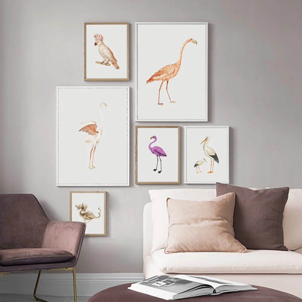 Дракон Фламинго Moluccan Cockatoo Stork Винтажный стиль настенное искусство скандинавский
