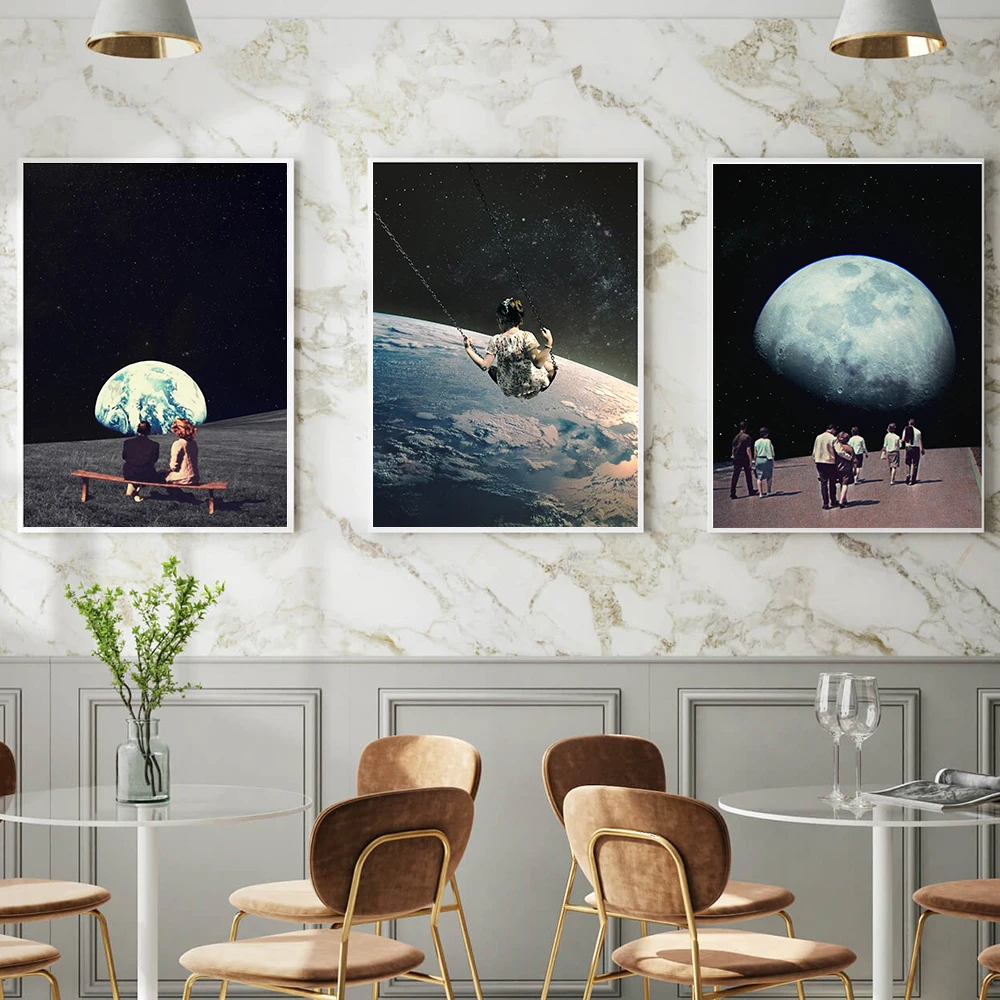 Night Sky Art Prints Earth Canvas Posters Surrealism Galaxy Space Moon Canvas Painting Scandinavia Cosmic Wall Pictures Sci-Fi