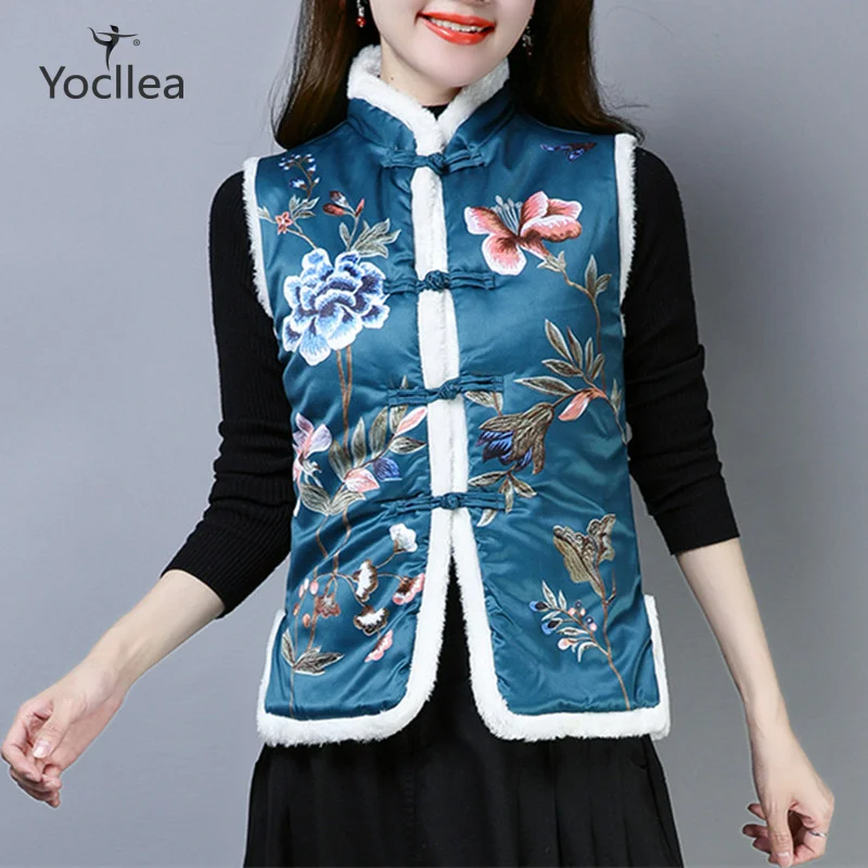 

Vintage Fur collar Sleeveless Vests Jacket for Women Autumn Winter Add Cotton Warm Print Qipao Vest Women Tops short Coats