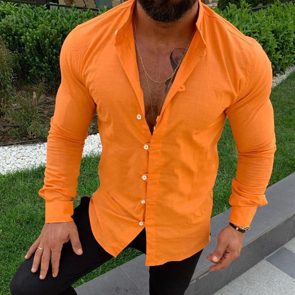 Laamei, мужская хлопковая льняная рубашка, повседневная, тонкая, Chemise Homme, весна-осень, v-образный вырез, Camisa Masculina, длинный рукав, одноцветная рубашка, Топ - Цвет: Orange
