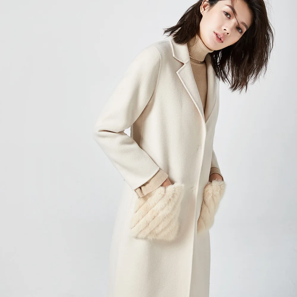 Winter Woman Coats 2019New Classic Cashmere Coat White Woolen Water Velvet Pocket Female Women | Женская одежда