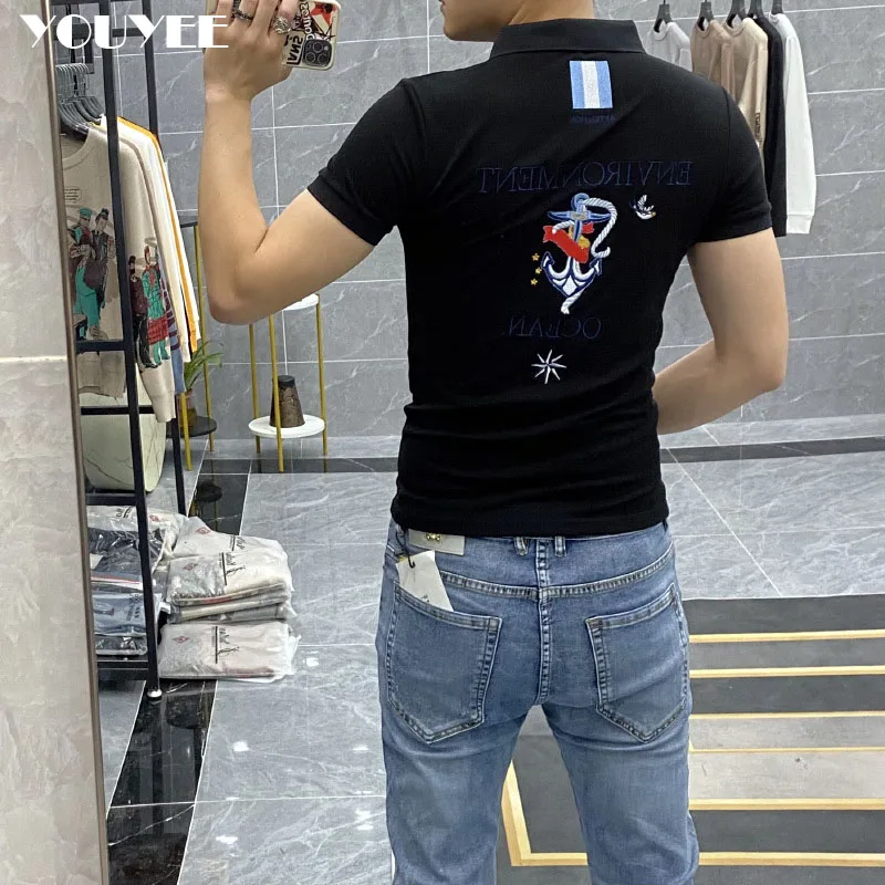 Polo T-shirt lettera maschile ancora ricamata Slim Fit moda 2021 estate nuove felpe Casual risvolto Tee cotone abbigliamento uomo - immagine 2