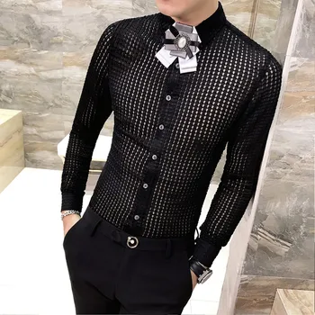 

2019 Dress Shirt Men See Through Shirt Fashion Designer Casual Shirt Slim Fit Long Sleeve Club Prom Party Social Sexy Shirt