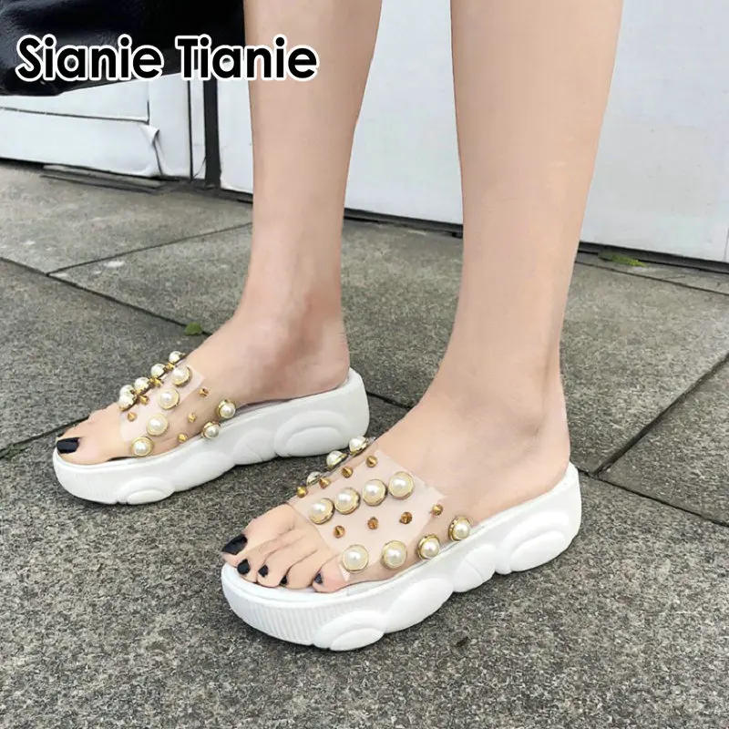 Sianie Tianie 2020 summer platform casual flats shoes PVC transparent woman slippers slides mules with pearl and rivets | Обувь
