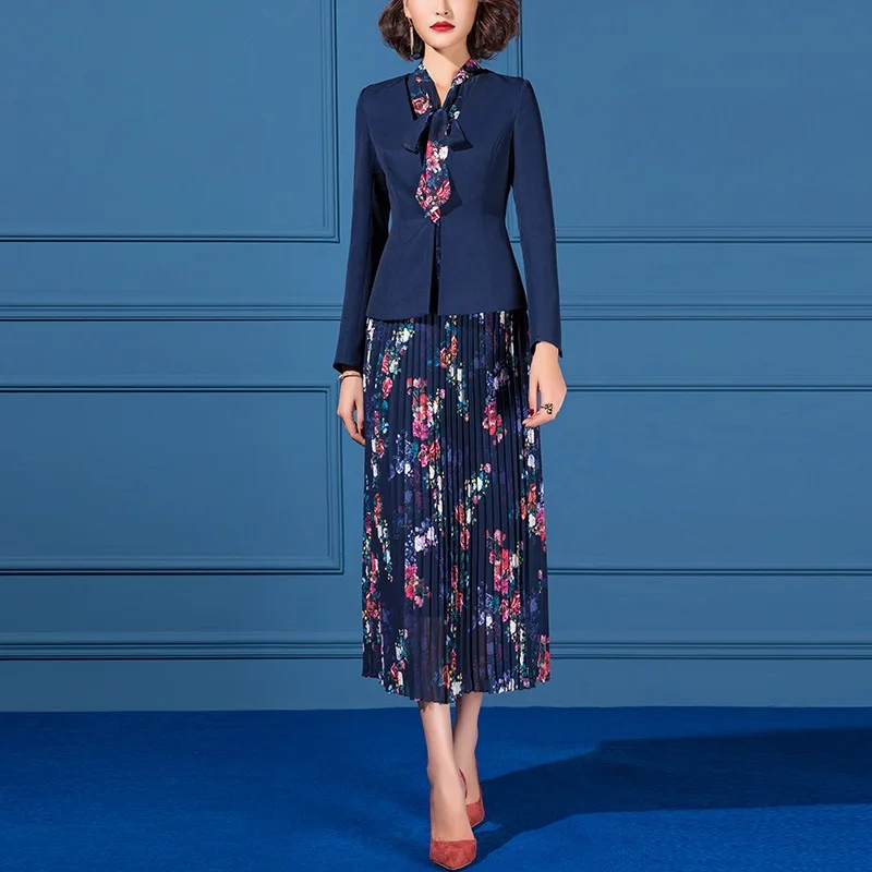 Dress Suit 2 Piece Set Bow Tie Neck Women Elegant Floral Print Long Pleated Dress For Office Lady Spring Autumn Blazer Jacket
