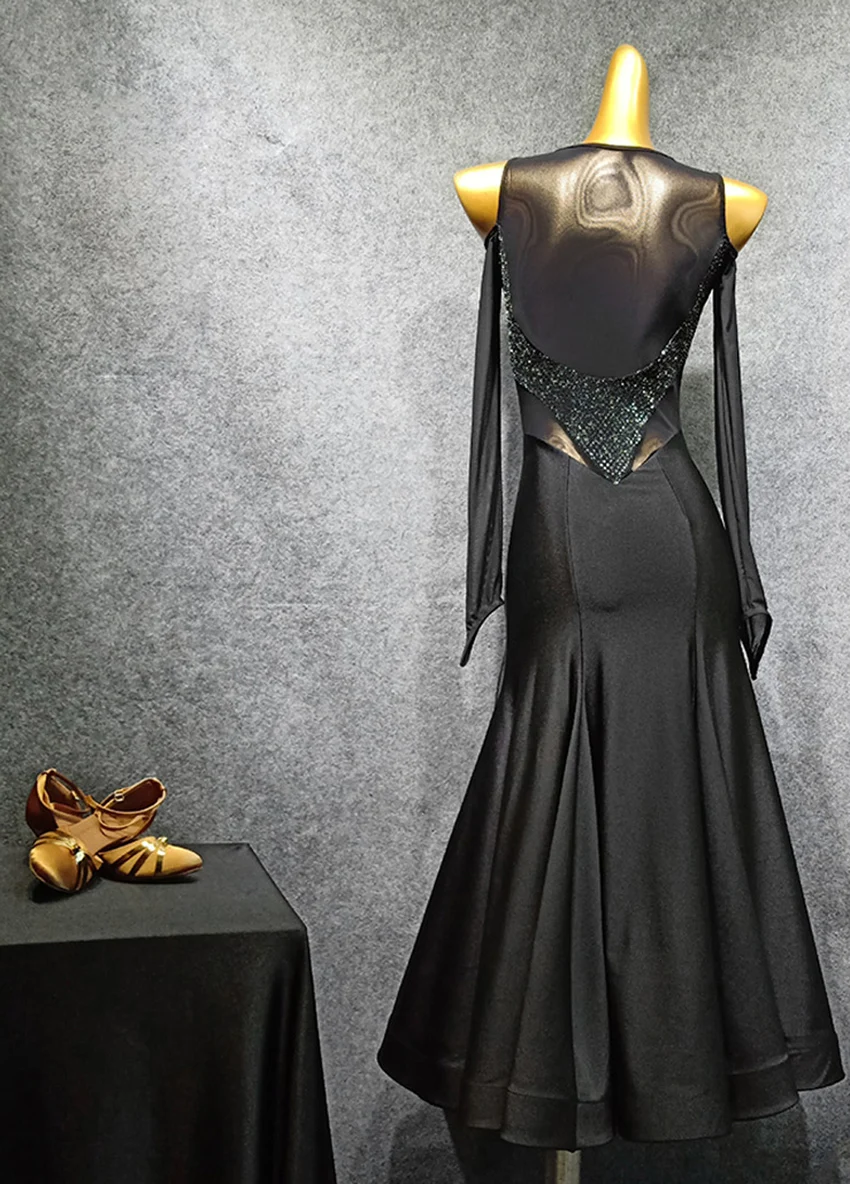 Черная прозрачная бальная одежда для танцевальных классов, одежда для современного танца, цельная одежда для группы фламенко Румба Самба, платье для вальса
