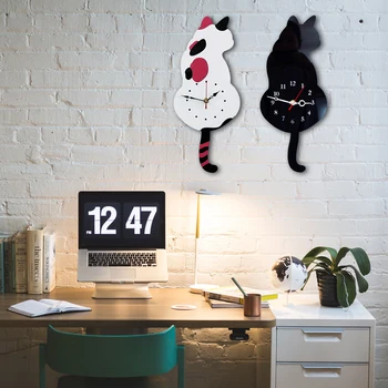 

3D Cute Cat Wall Clock Wag Tail Silence Home Decoration Kids Gift Black