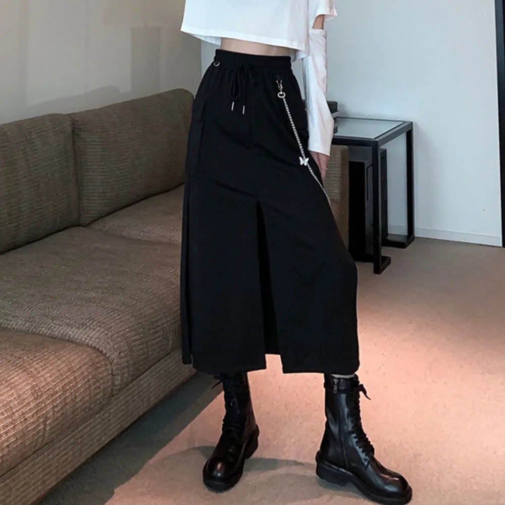 Rosetic Punk Girl Gothic Skirt Women Lace-Up Pocket Split Sexy Chain Cool 2020 Autumn Fashion High Waist Midi Skirts Summer