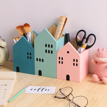 

Creative House Shape Wooden Pencil Pen Holder Desktop Organizer Makeup Brush Box Stationery School Office Supplies Container