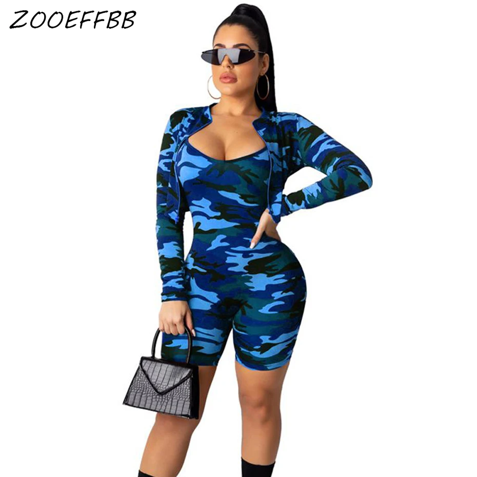 Zooefbb Камуфляжный комплект из двух предметов, Модный комбинезон Nova с длинным рукавом, короткие пальто, сексуальные Клубные наряды, комбинезоны, женские комбинезоны, шорты