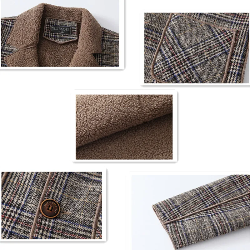Children's Wool Coat for Boy for Autumn & Spring New Casual Turn Collar Plaid Pus Velvet Men's Teenager Jacket Outerwear