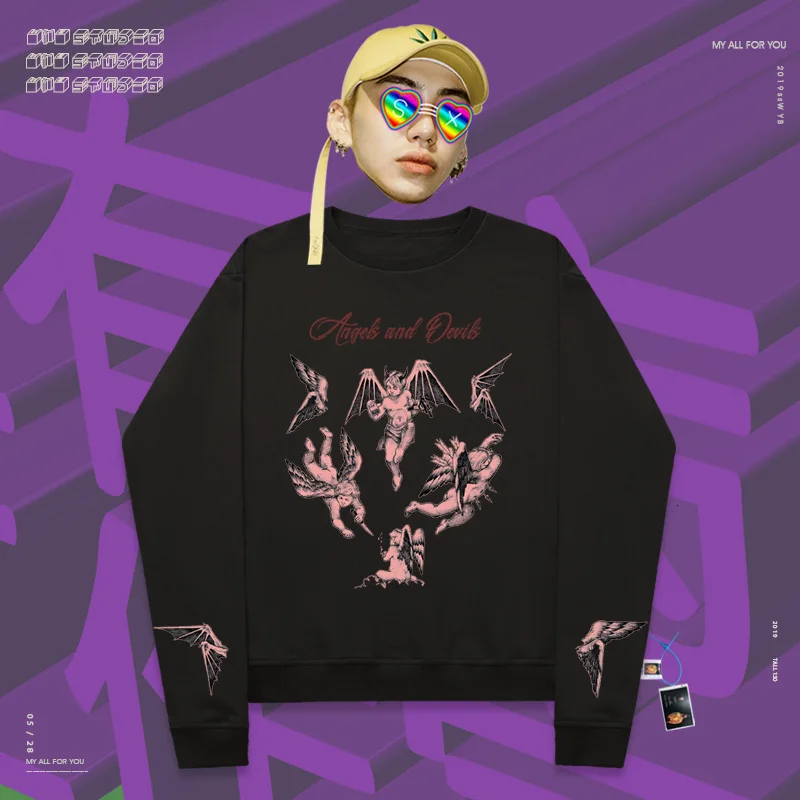 Sweatershirts spoof hophip versatile classic popular Cartoon Print Fun stitching angel with wings retro oversize Unisex coat - Цвет: black