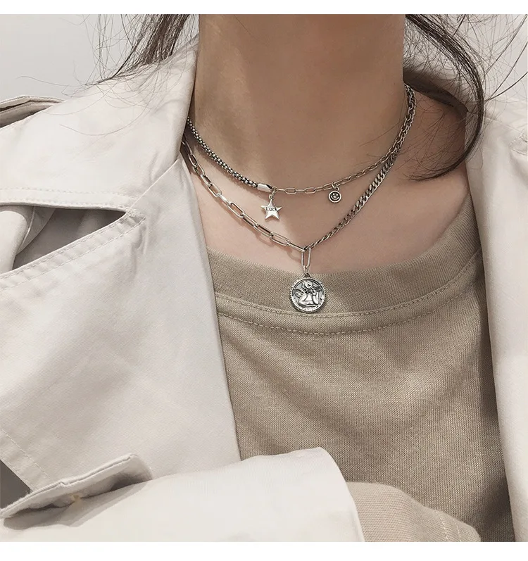 Vintage Handmade Star Smiling Face Angel Wings Coin Round Disc Necklace Thai Silver Anti-allergic For Women Men Gift | Украшения и
