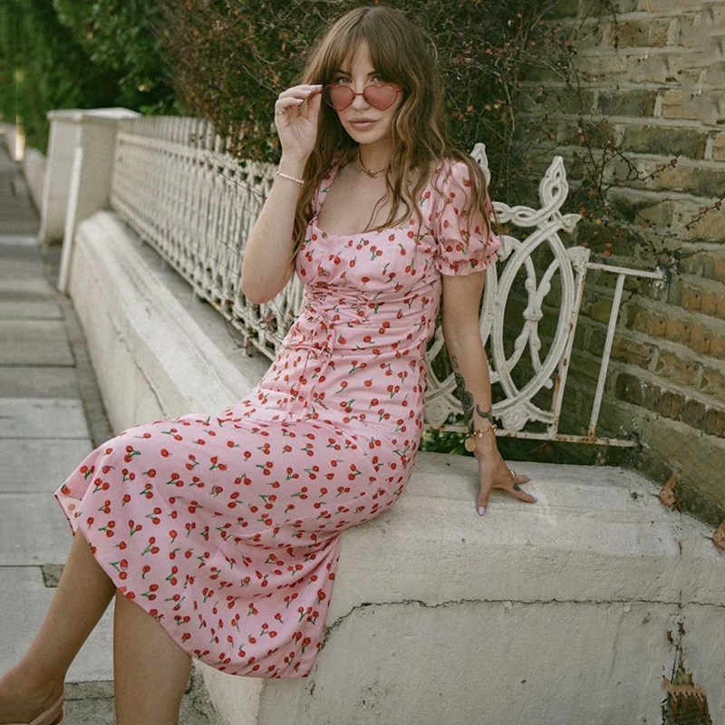 

Ardm Elegant Square Neck Cherry Floral Print Short Sleeve Dresses For Women 2021 High Waist Lace Up Summer Party Maxi Dress